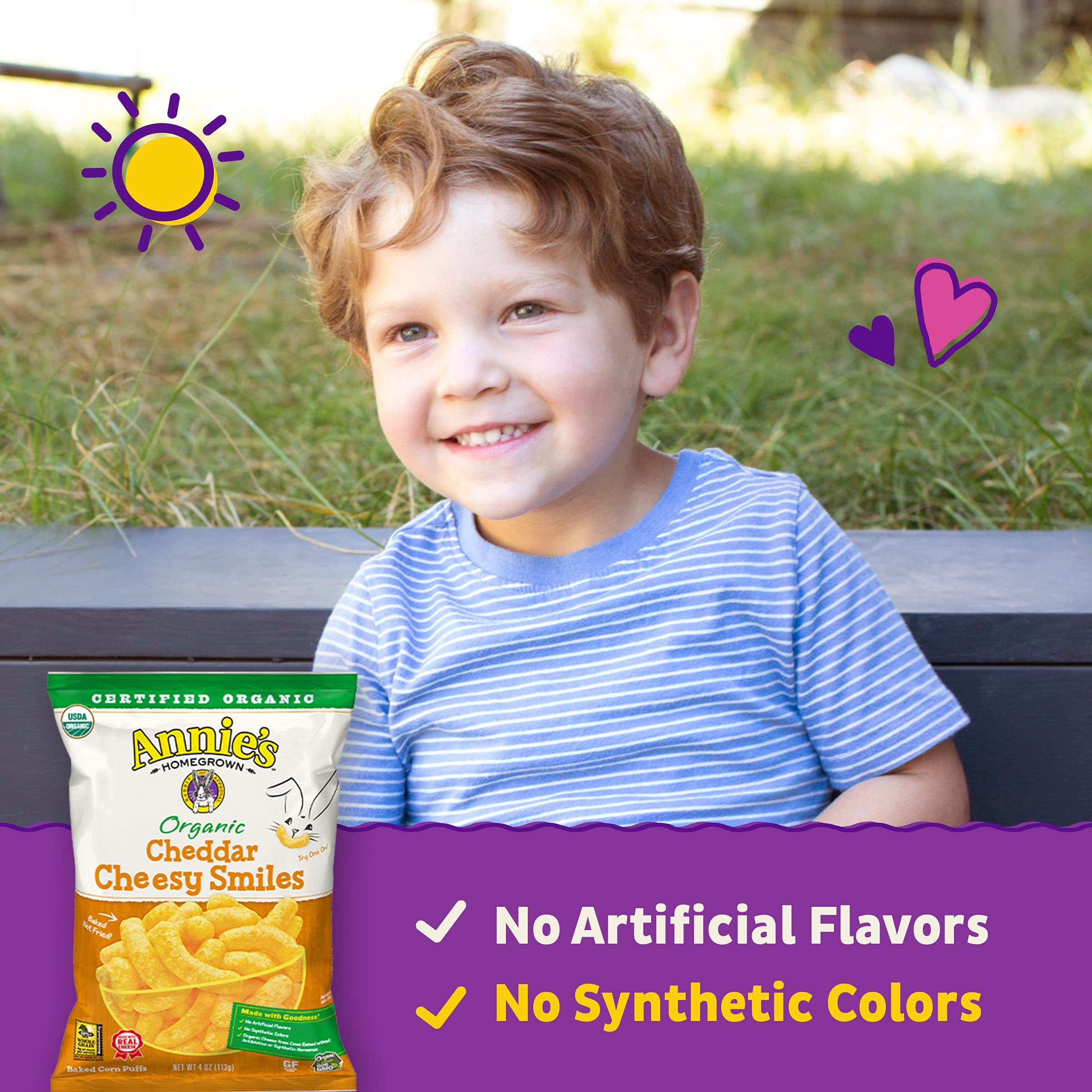 Annie's Organic Cheddar Cheesy Smiles, Baked Corn Puffs, Gluten Free, 4 oz (Pack of 12) - Image 4