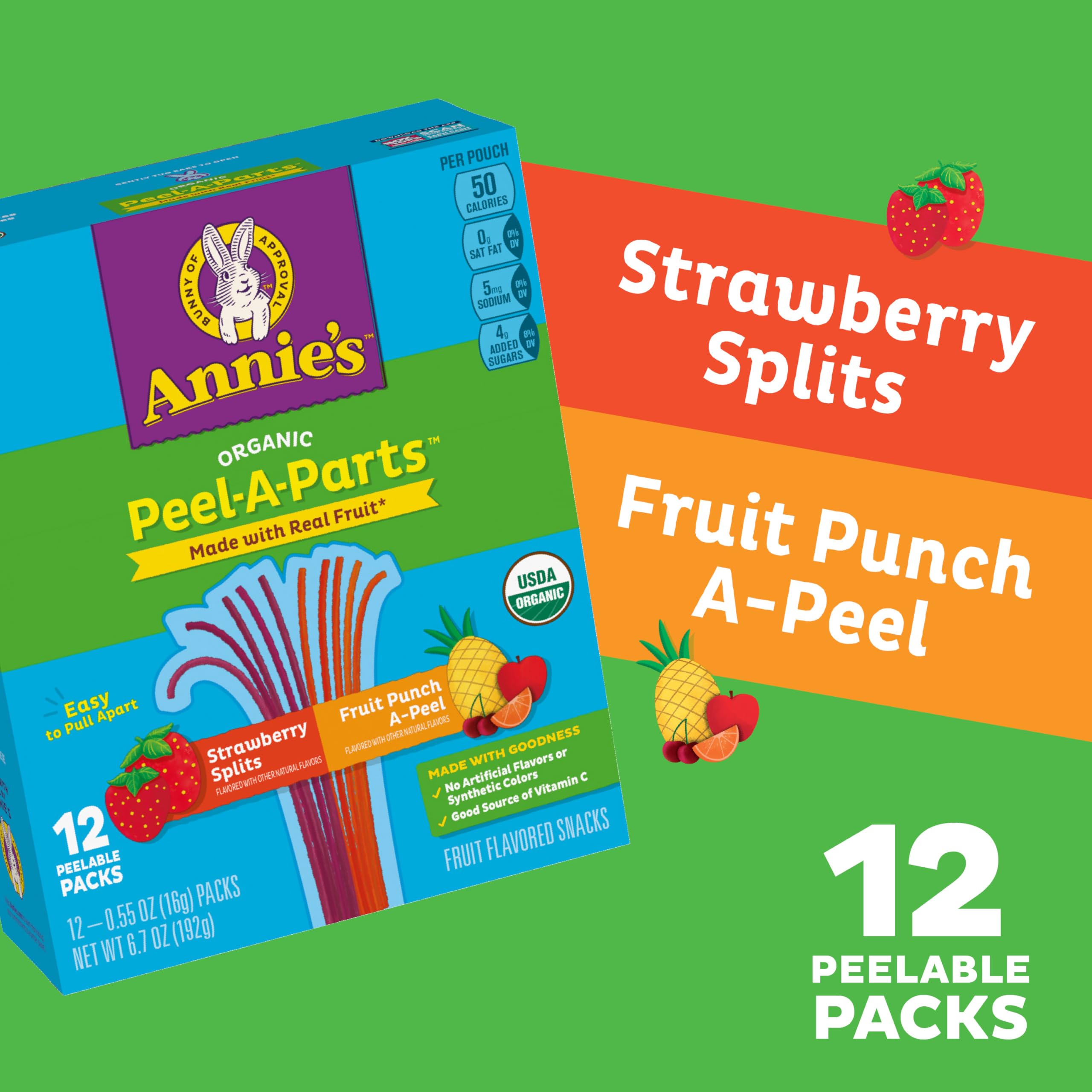 Annie's Organic Fruit Peel-A-Parts Fruit Flavored Snacks, Strawberry and Fruit Punch, Gluten Free, Vegan, Variety Pack, 12 Count, 6.7 oz - Image 3