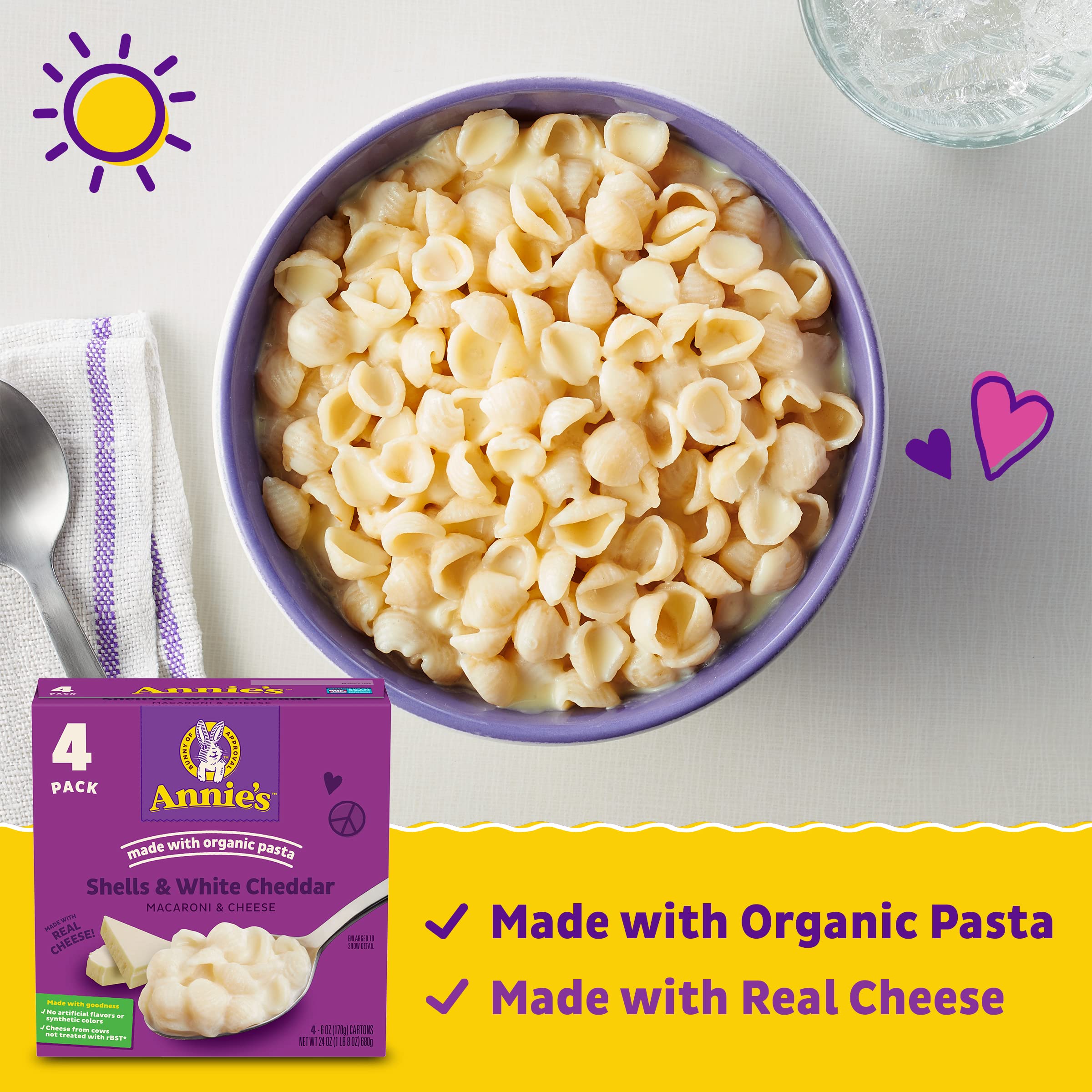 Annie’s White Cheddar Shells Macaroni & Cheese Dinner with Organic Pasta, 4 Ct, 6 OZ Boxes (Pack of 4) - Image 3