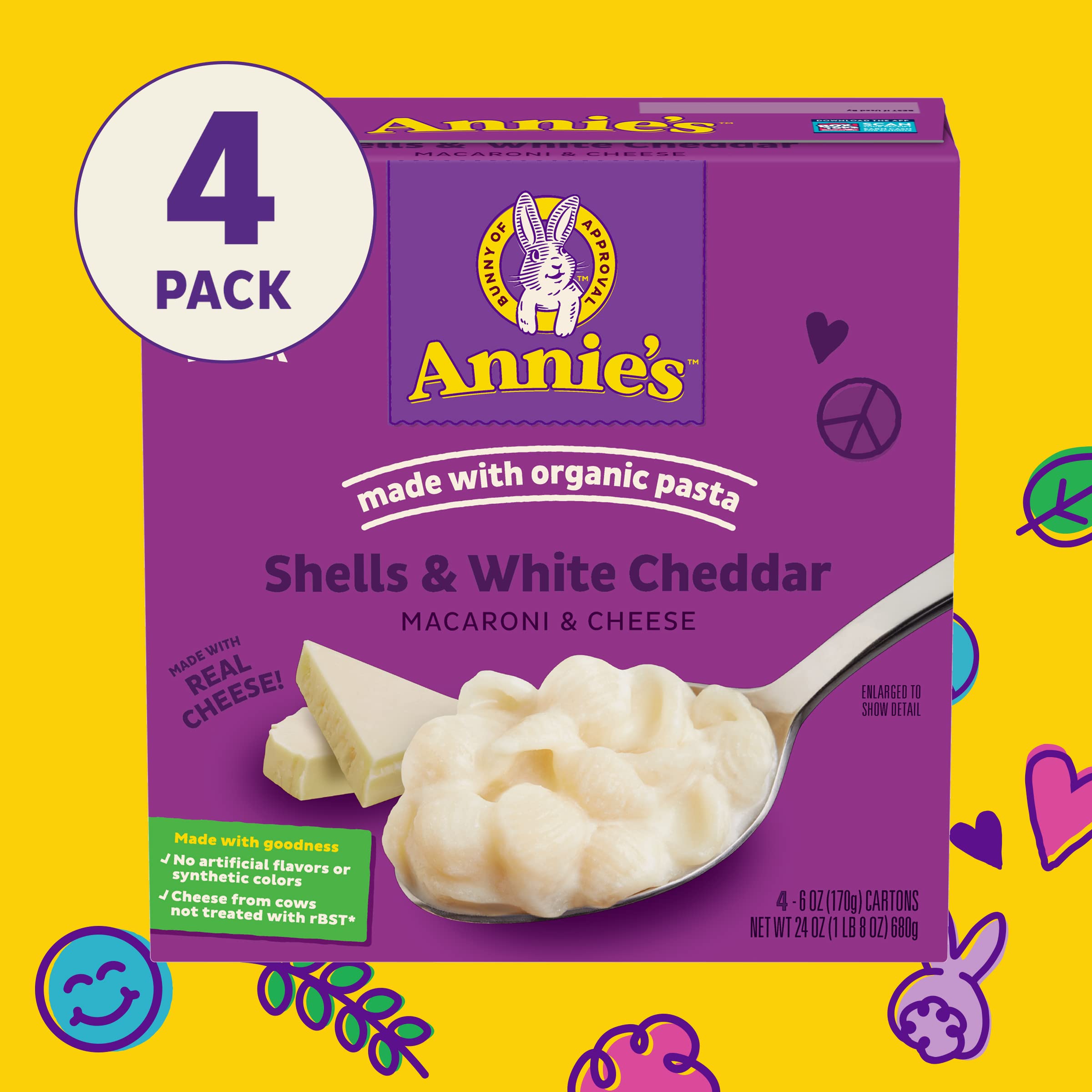 Annie’s White Cheddar Shells Macaroni & Cheese Dinner with Organic Pasta, 4 Ct, 6 OZ Boxes (Pack of 4) - Image 4